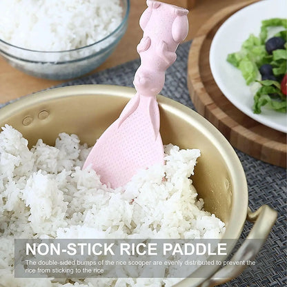 A lady is using Rabbit spoon to serve the rice