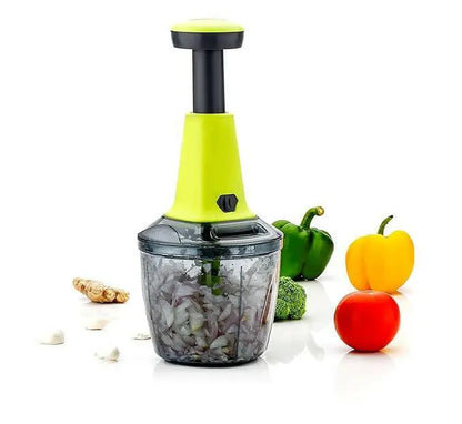 hand vegetable food chopper shown with onion inside it chopped