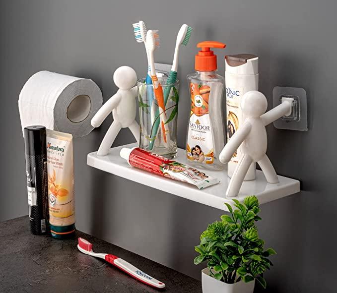 products on the stickable shelf such as tooth brush handwash shampoo etc.