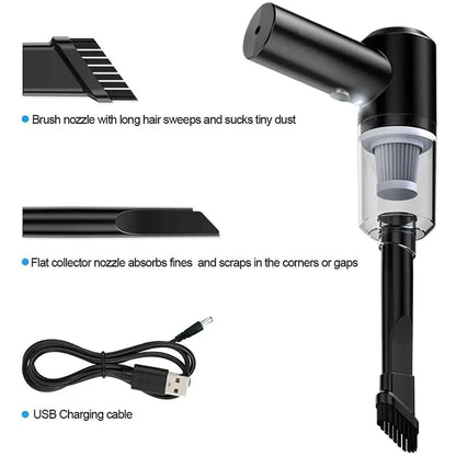 Specification of what's inside box, a brush nozzle with long hair sweeps and sucks tiny dust, flat collector nozzle absorbs fines and scraps in the corners or gaps, USB charging Cable.