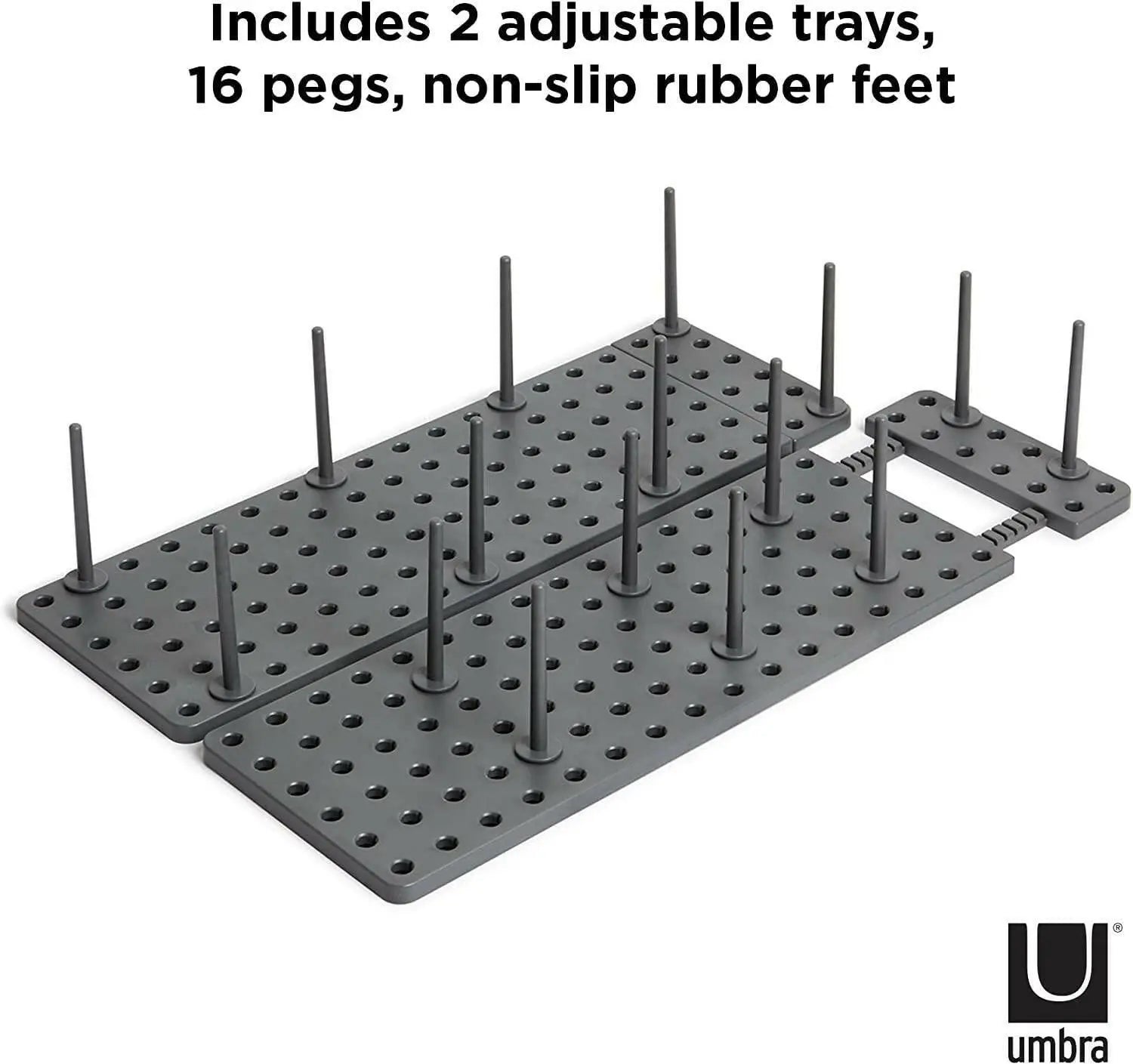 includes 2 adjustable trays, 16 pegs, non slip rubber feet