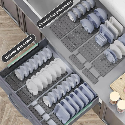 cupboard organizer showed in drawer how it helped to systematic the plates and utensils of kitchen